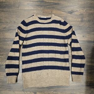 Navy and Tan Striped Men's Crewneck Sweater